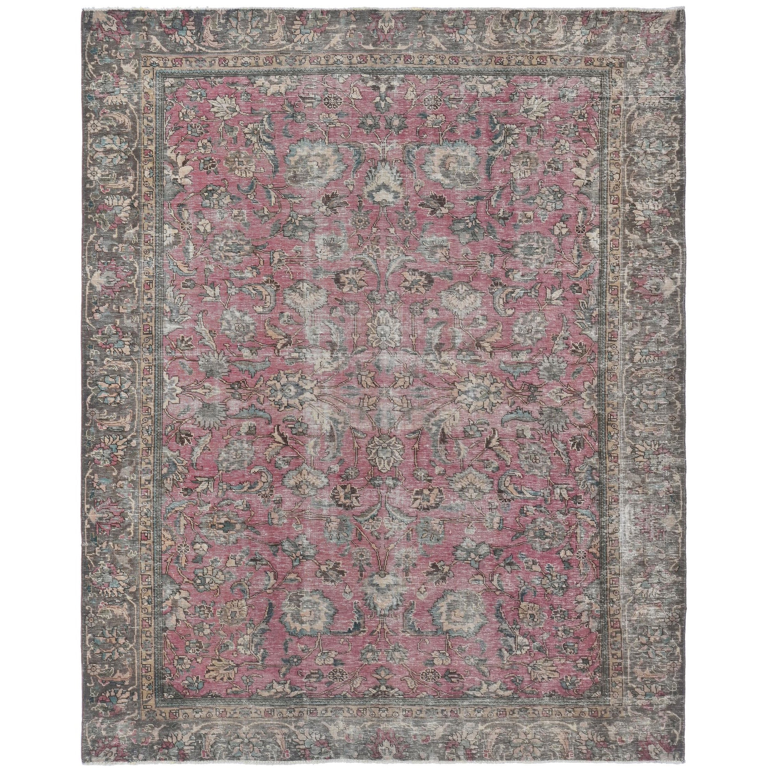 Knotari vintage hand-knotted rug No. A16 with all-over garden floral design in dusty rose, slate gray, aged ivory, taupe, muted blue, size 7'8" x 9'10".