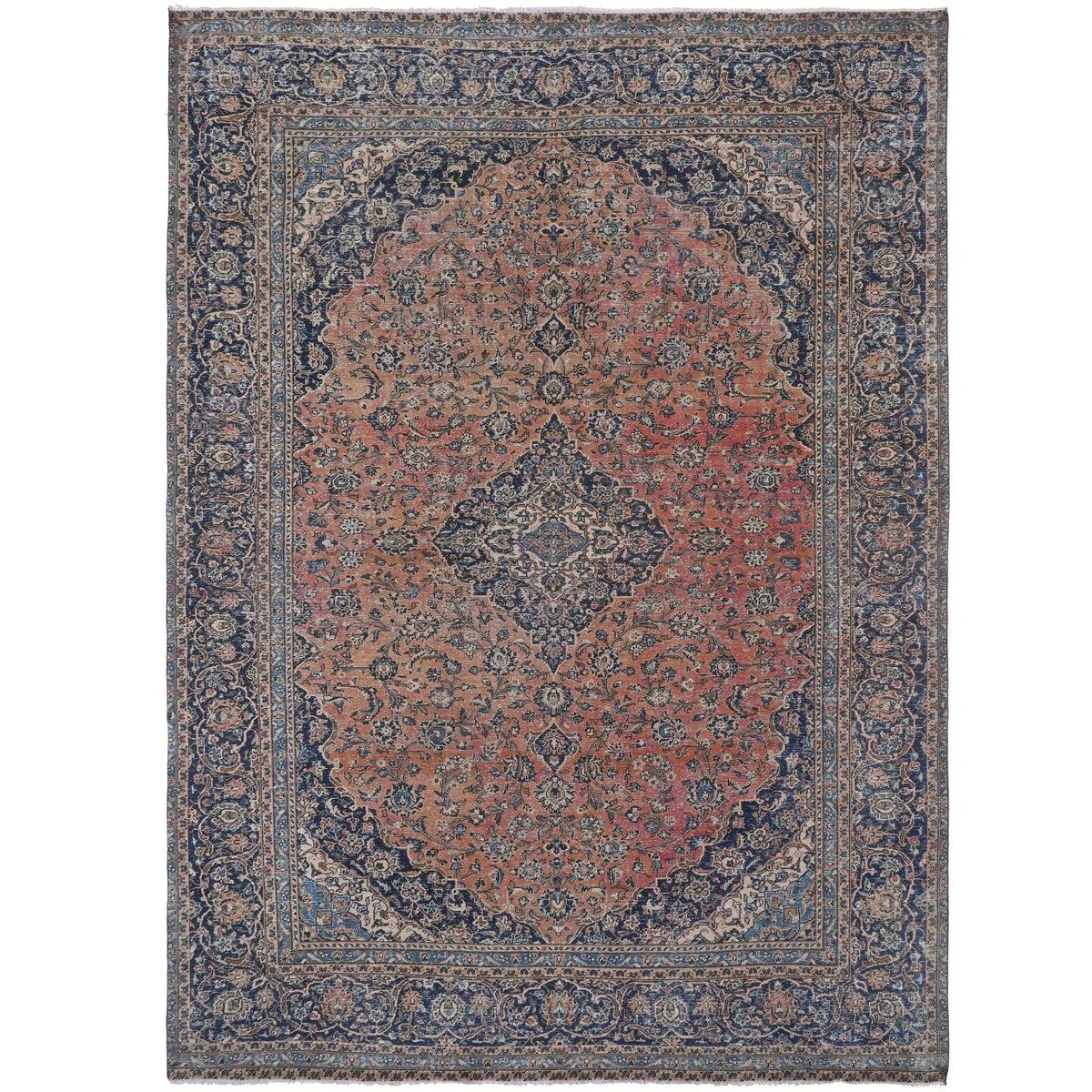 Knotari vintage hand-knotted rug No. A180 with oversized floral medallion design in terracotta, deep navy, powder blue, aged ivory, rosewood, size 9'3" x 12'10".