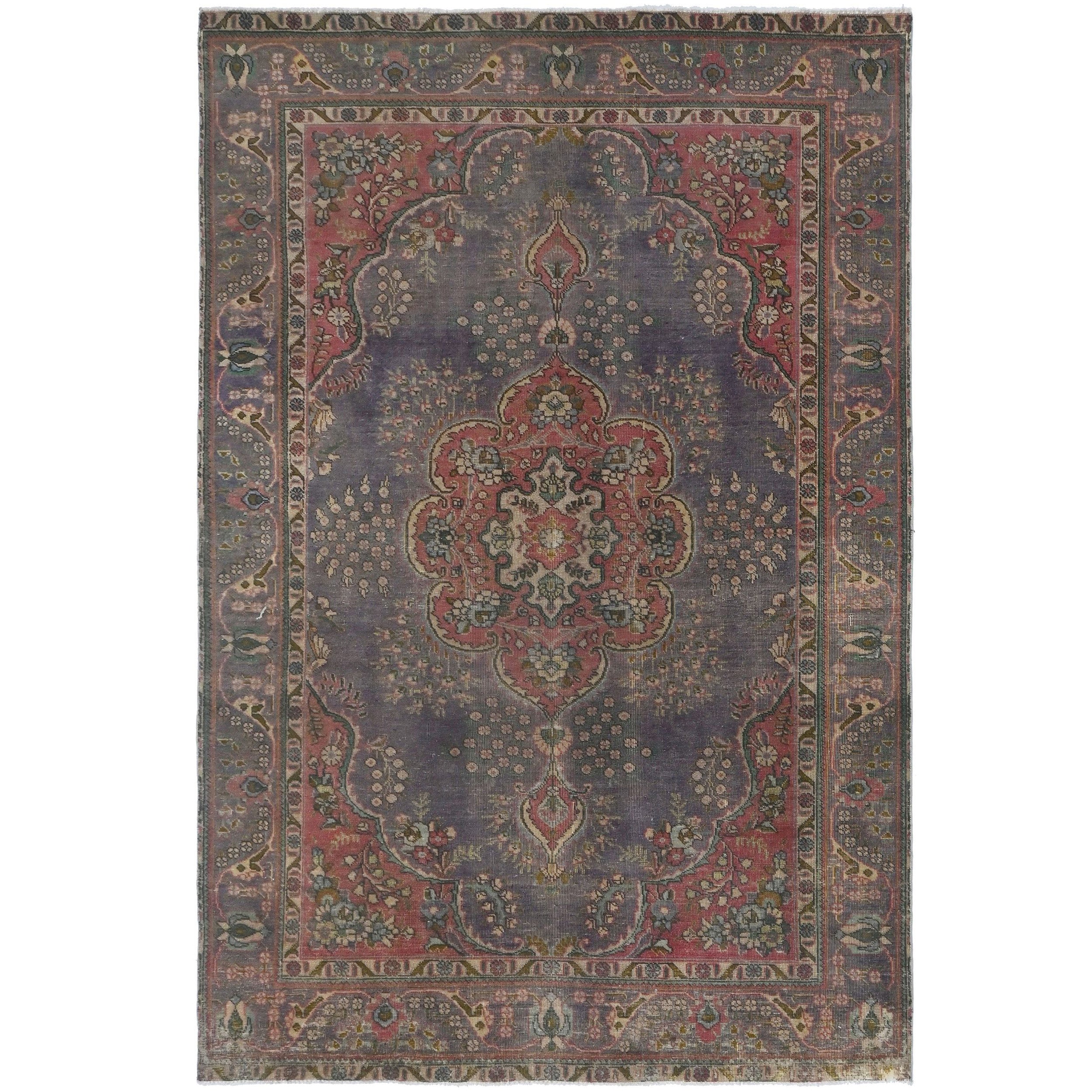 Knotari vintage hand-knotted rug No. A184 with floral medallion design in dusty rose, plum, charcoal, aged ivory, muted sage, size 6'4" x 9'7"