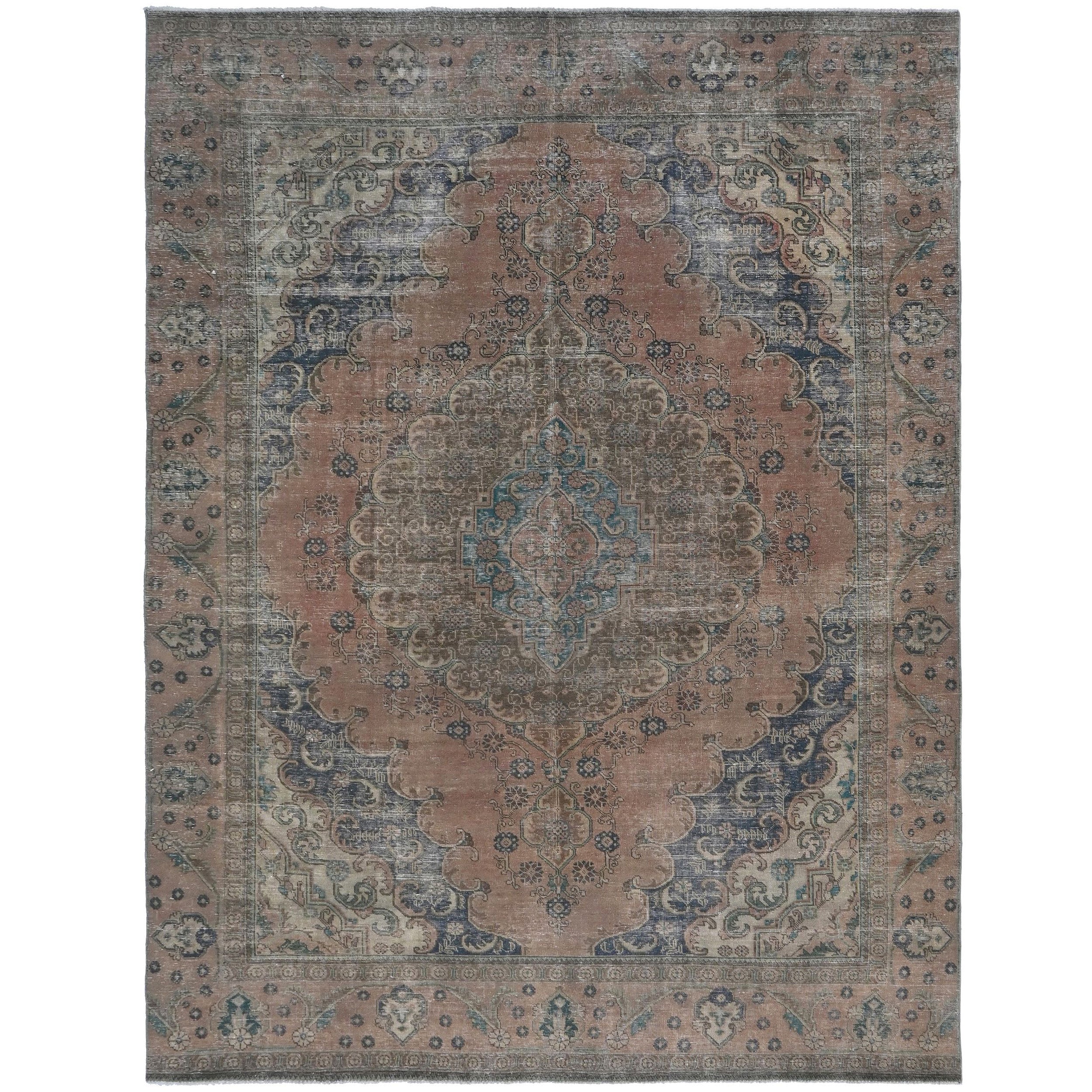 Knotari Heritage Collection vintage hand-knotted wool rug No. A185 with persian medallion design in terracotta, slate gray, ivory, dusty blue, taupe, size 9'1" x 12'7".