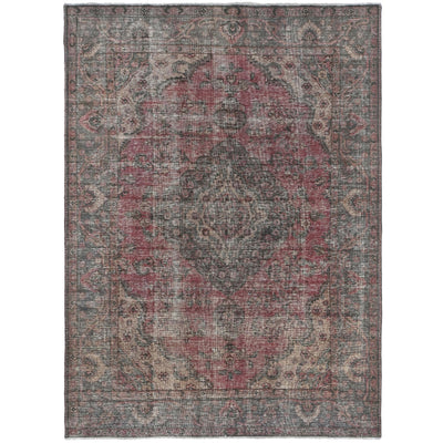 Knotari vintage hand-knotted rug No. A187 with ornate central medallion design in rosewood, charcoal, taupe, aged ivory, muted blue, size 6'7" x 9'4"