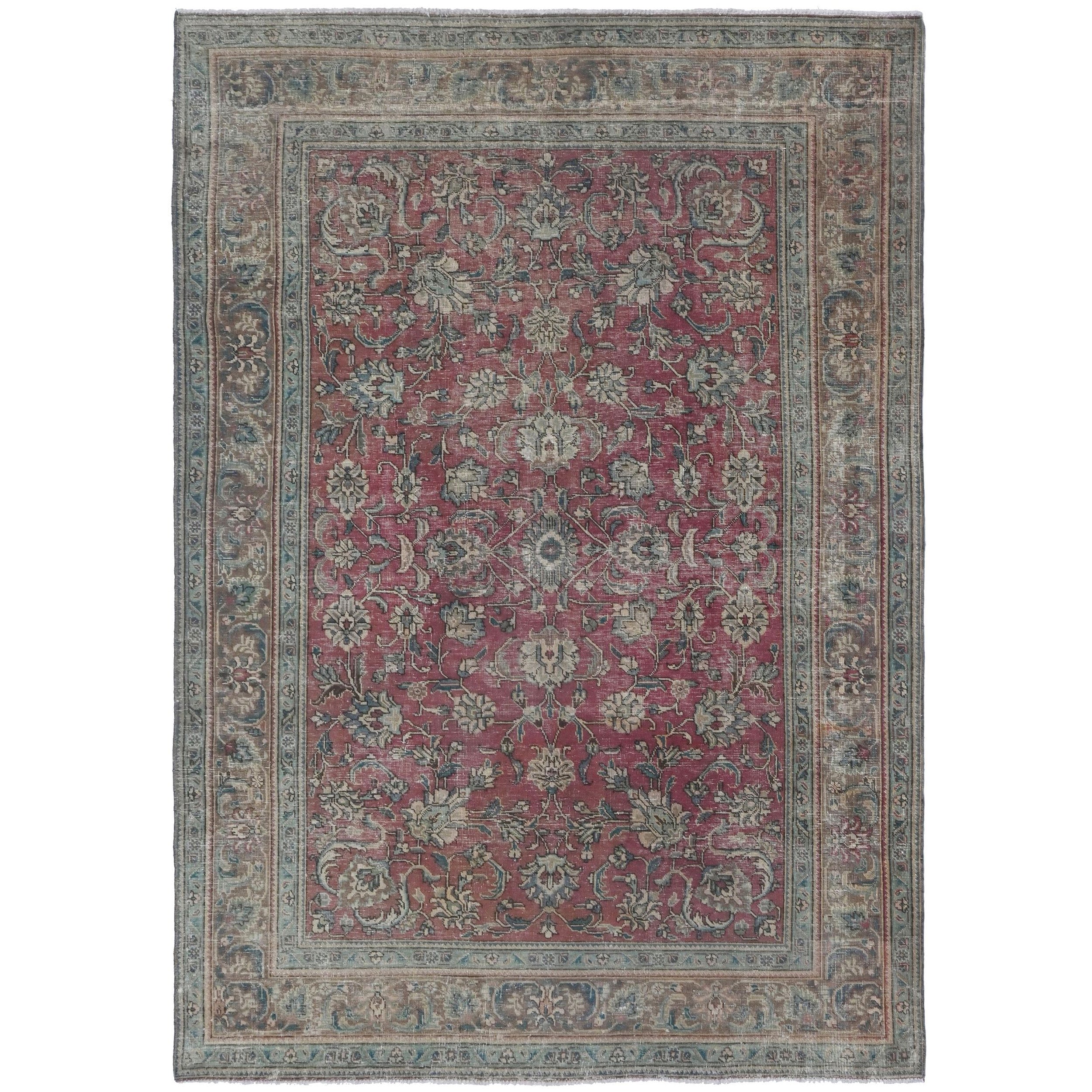 Knotari Heritage Collection vintage hand-knotted wool rug No. A195 with all-over floral design in raspberry red, slate blue, ivory, taupe, and charcoal, size 6'1" x 9'7".