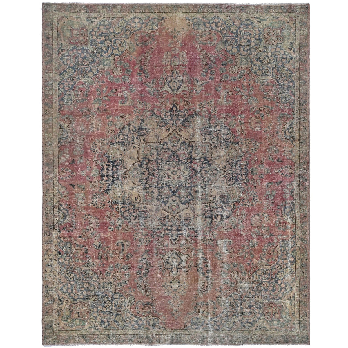 Knotari vintage hand-knotted rug No. A197 with faded central medallion design in faded coral, dusty blue, sand, taupe, muted sage, size 7'0" x 10'2".