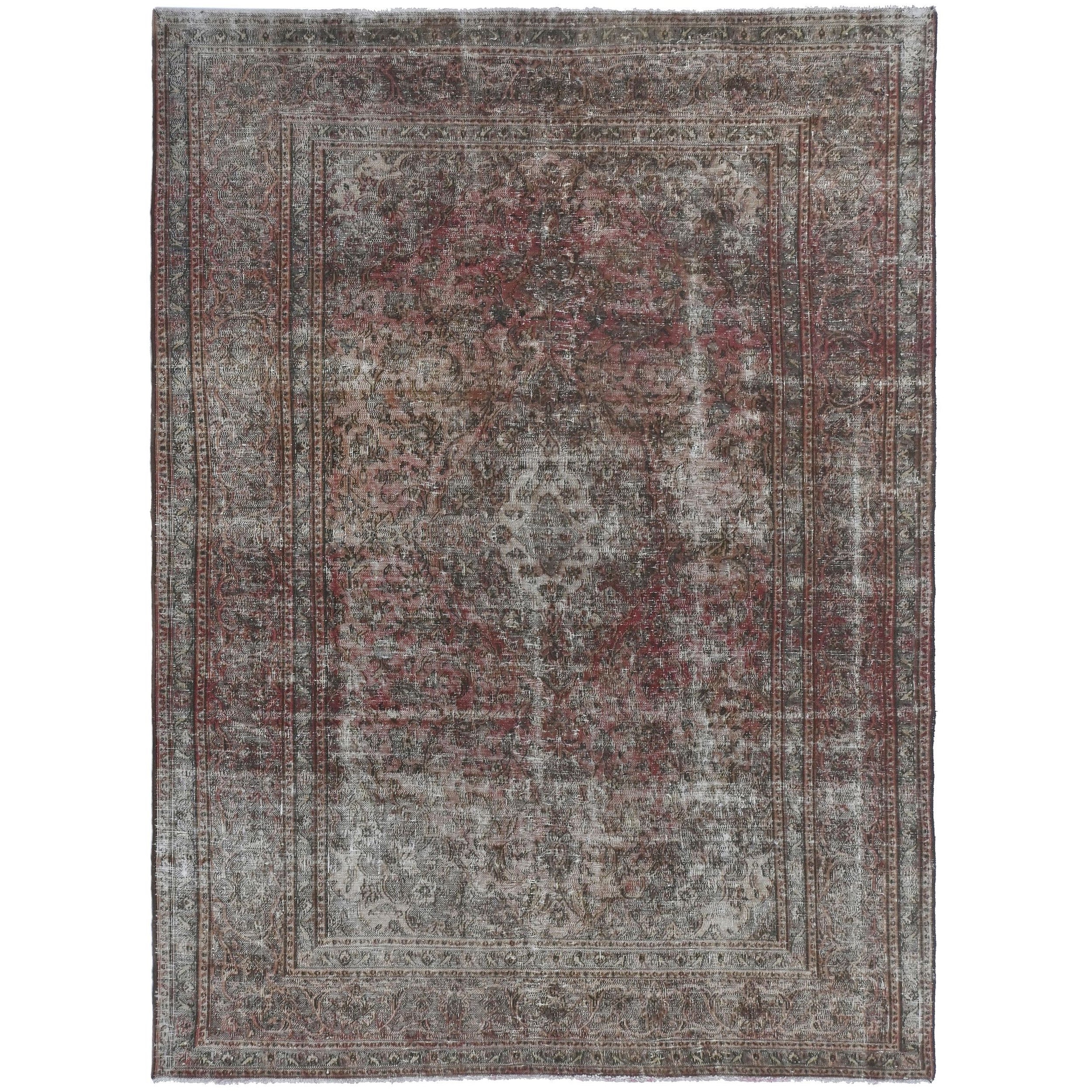 Knotari vintage hand-knotted rug No. A213 with faded central medallion design in rosewood, charcoal, taupe, aged ivory, muted rust, size 6'4" x 9'1".