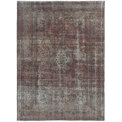 Knotari vintage hand-knotted rug No. A213 with faded central medallion design in rosewood, charcoal, taupe, aged ivory, muted rust, size 6'4" x 9'1".