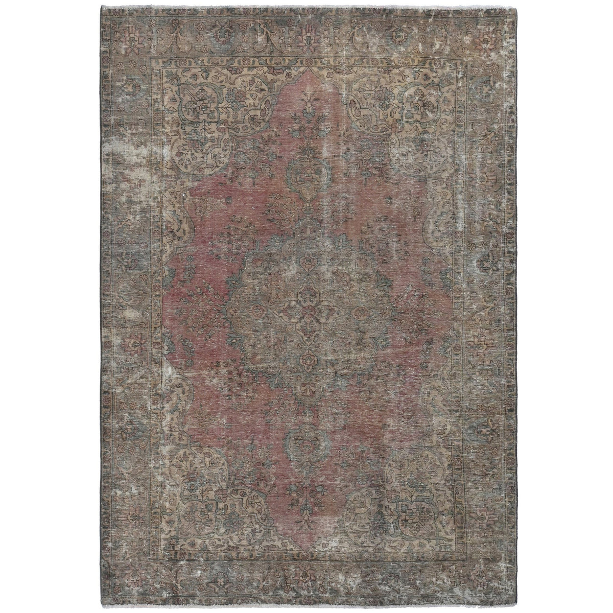 Knotari vintage hand-knotted rug No. A213 with washed floral medallion design in antique rose, taupe, slate gray, aged ivory, muted rust, size 6'4" x 9'1".