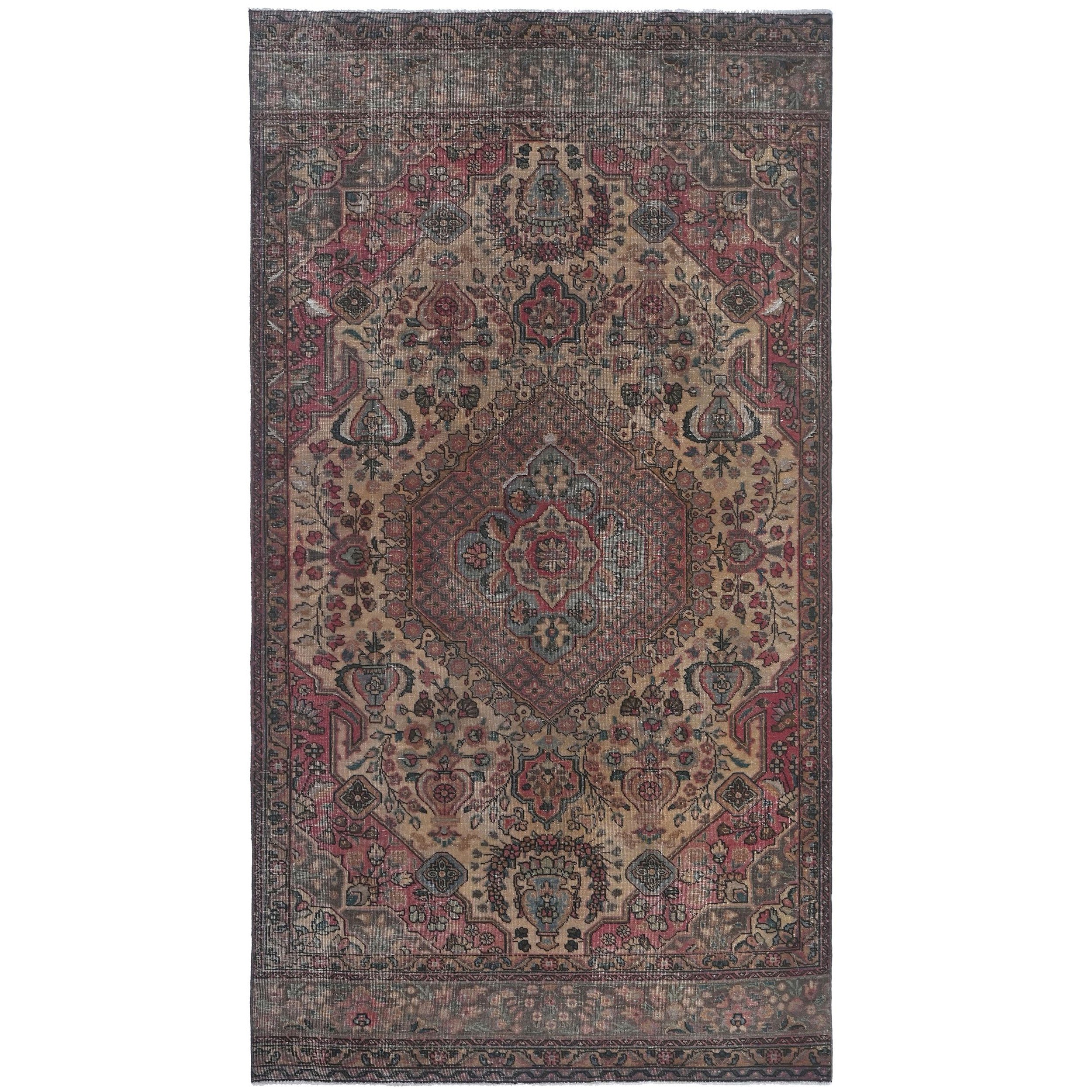Knotari Heritage Collection vintage hand-knotted wool rug No. A214 with geometric medallion design in antique rose, camel, charcoal, muted red, taupe, size 4'11" x 9'11".