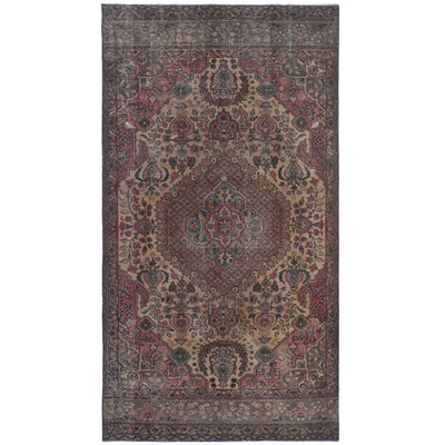Knotari Heritage Collection vintage hand-knotted wool rug No. A214 with geometric medallion design in antique rose, camel, charcoal, muted red, taupe, size 4'11" x 9'11".
