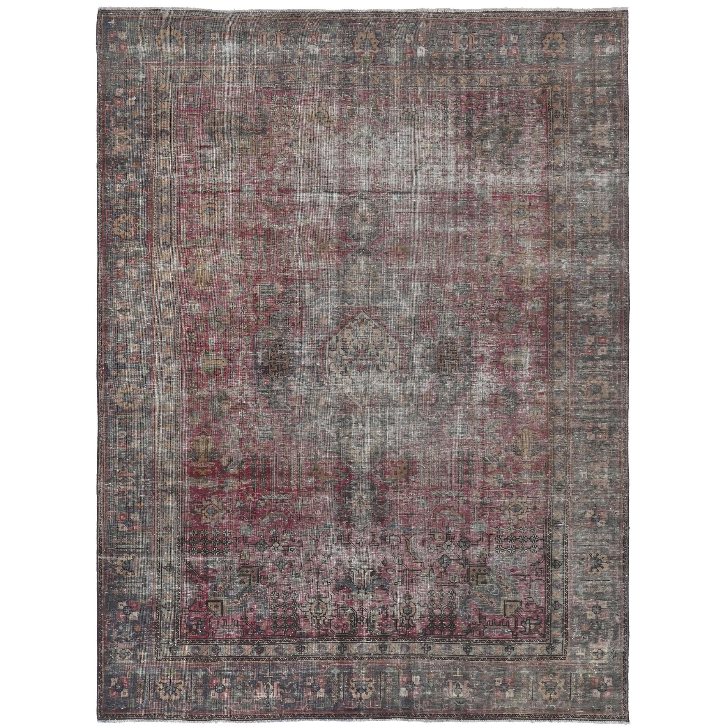 Knotari Heritage Collection vintage hand-knotted wool rug No. A25 with all-over geometric design in deep burgundy, charcoal, taupe, muted gold, aged ivory, size 8'2" x 11'0".