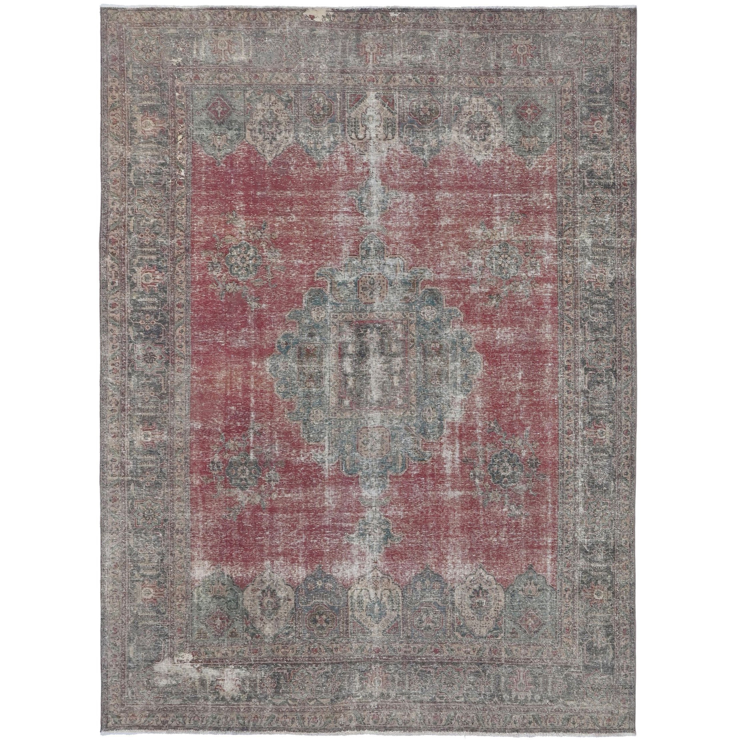 Knotari Heritage Collection vintage hand-knotted wool rug No. A27 with geometric medallion design in faded cranberry, slate blue, taupe, ivory, and charcoal, size 9'7" x 12'7".