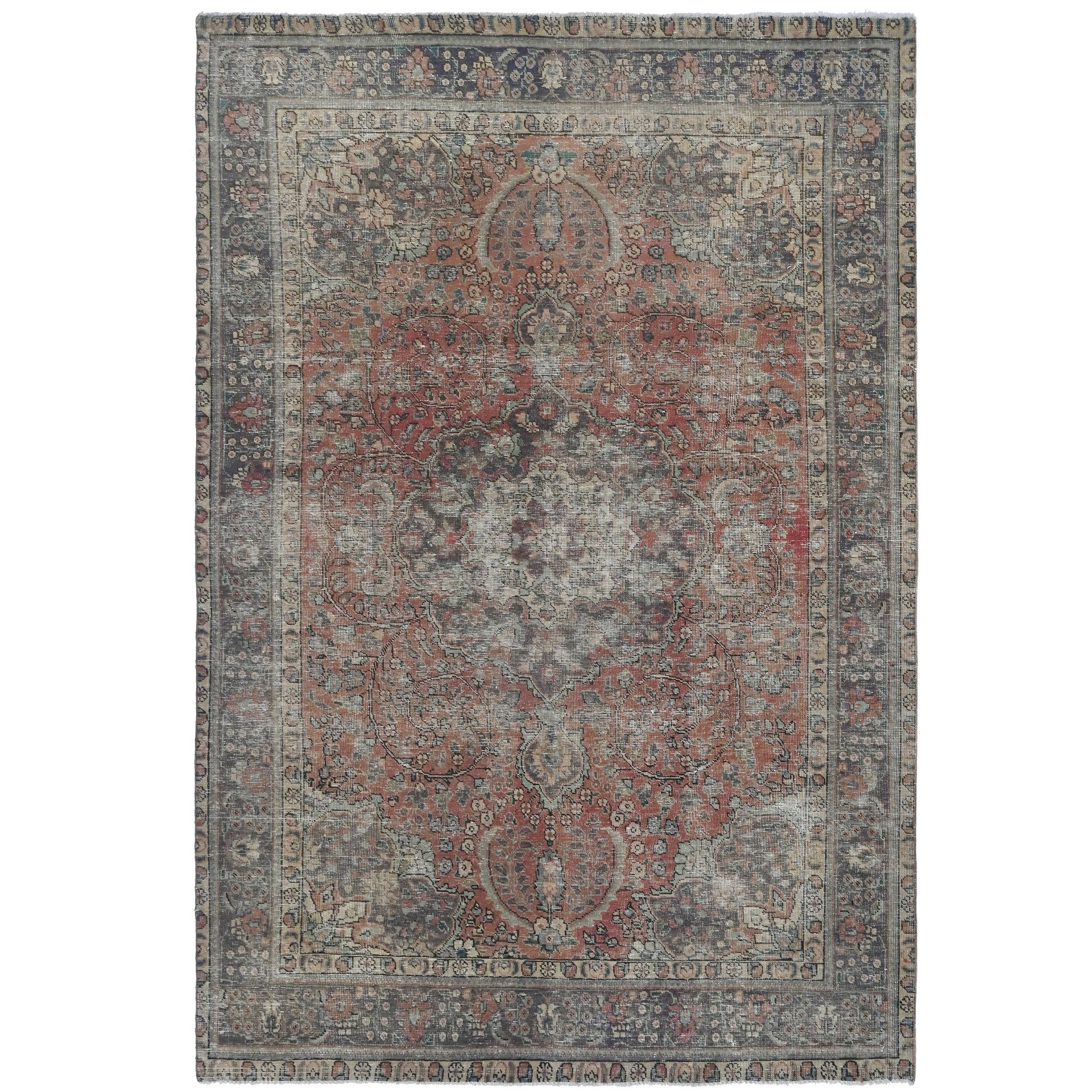 Knotari Heritage Collection vintage hand-knotted wool rug No. A31 with central medallion design in terracotta rose, charcoal, taupe, ivory, muted blue, size 6'4" x 9'7".