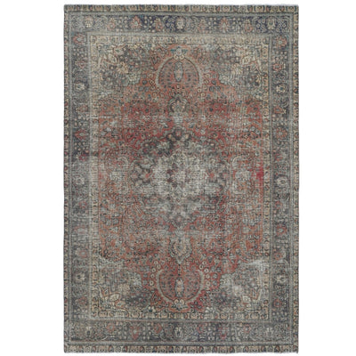 Knotari Heritage Collection vintage hand-knotted wool rug No. A31 with central medallion design in terracotta rose, charcoal, taupe, ivory, muted blue, size 6'4" x 9'7".