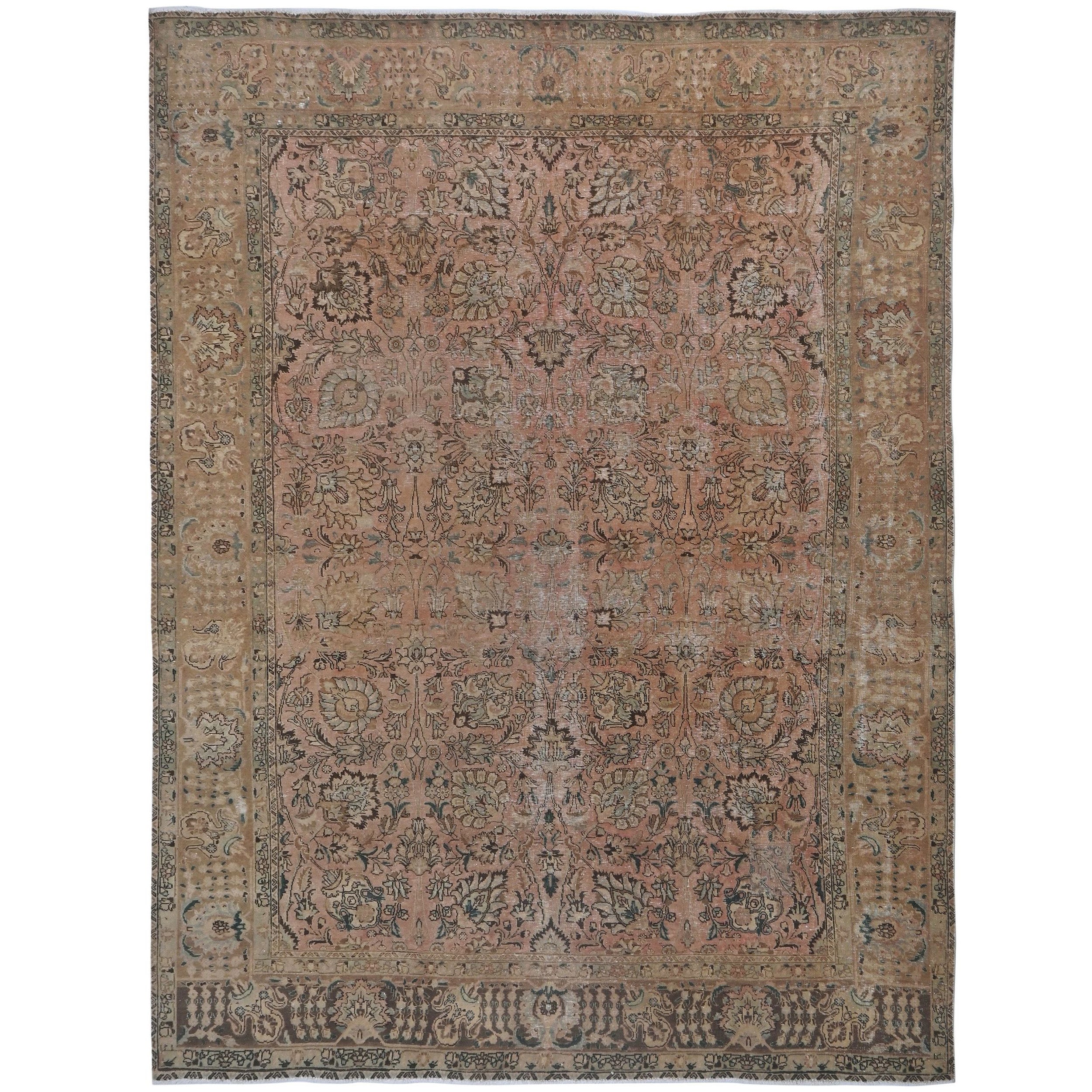 Knotari vintage hand-knotted rug No. A324 with all-over botanical design in blush clay, sand, taupe, sage, aged ivory, size 9'7" x 12'0".