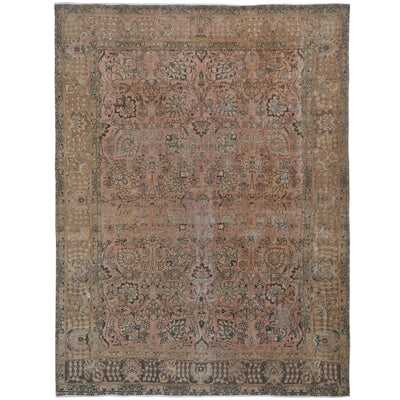 Knotari vintage hand-knotted rug No. A324 with all-over botanical design in blush clay, sand, taupe, sage, aged ivory, size 9'7" x 12'0".