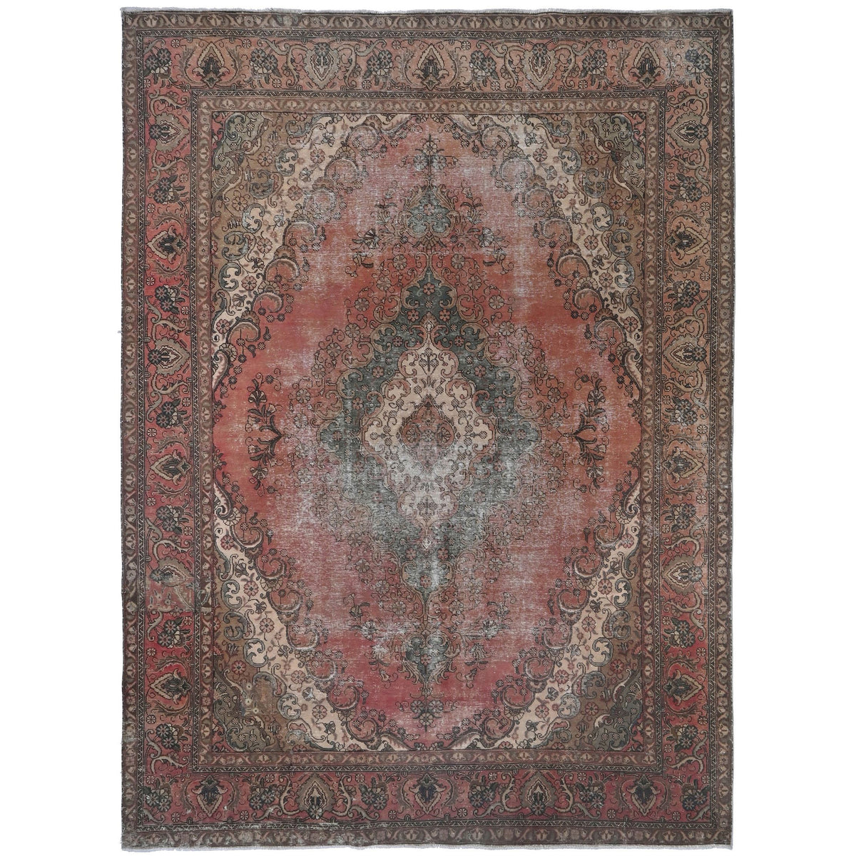 Knotari Heritage Collection vintage hand-knotted wool rug No. A347 with persian medallion design in coral, ivory, slate gray, taupe, charcoal, size 9'7" x 12'5".