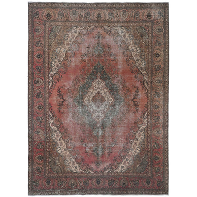 Knotari Heritage Collection vintage hand-knotted wool rug No. A347 with persian medallion design in coral, ivory, slate gray, taupe, charcoal, size 9'7" x 12'5".