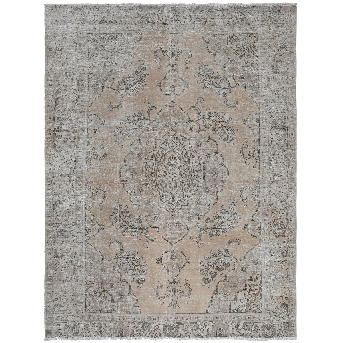 Knotari vintage hand-knotted rug No. A358 with minimal floral medallion design in pale sand, silver gray, aged ivory, taupe, soft charcoal, size 7'9" x 10'2".