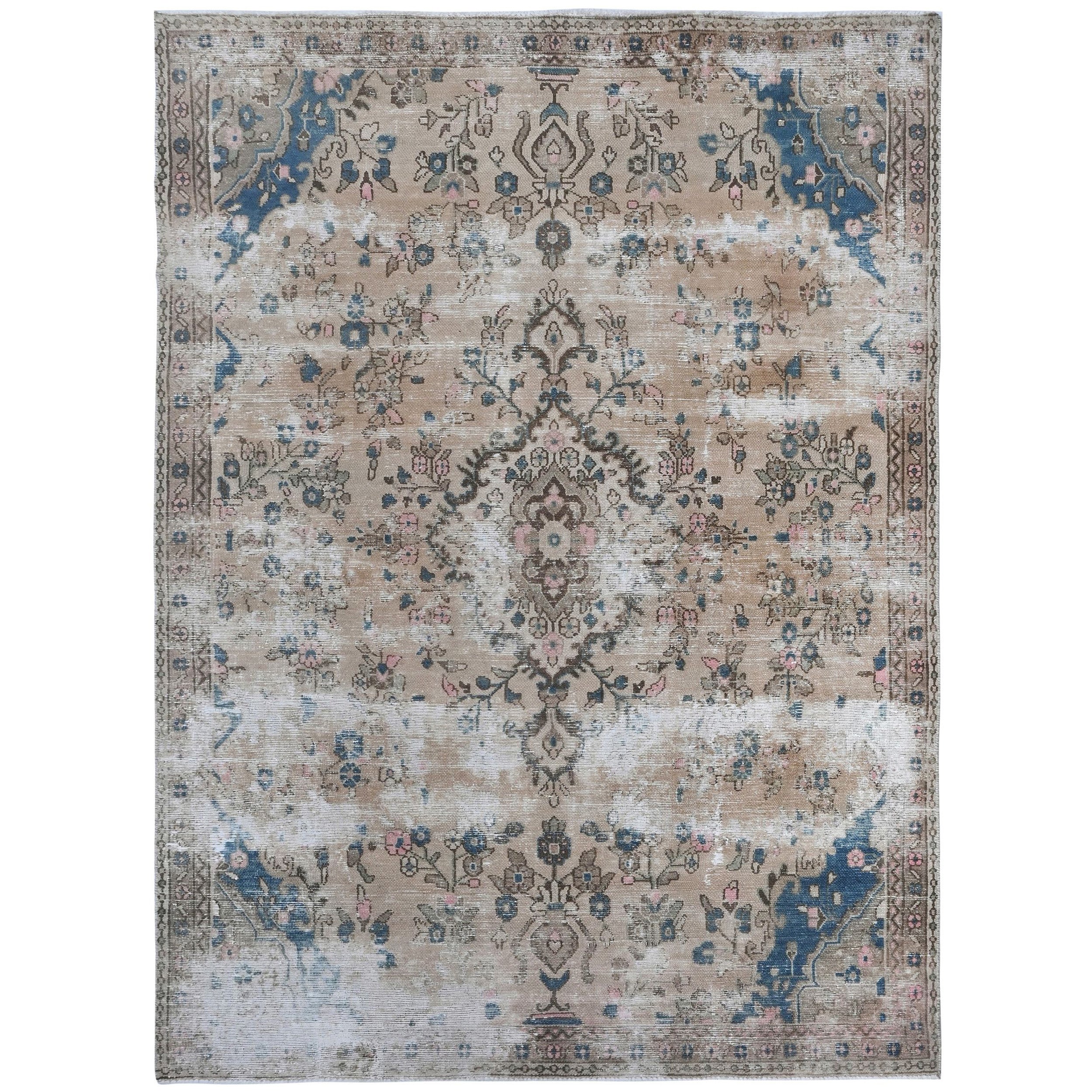 Knotari vintage hand-knotted rug No. A364 with faded floral medallion design in aged ivory, stone gray, powder blue, taupe, blush, size 6'6" x 9'11".