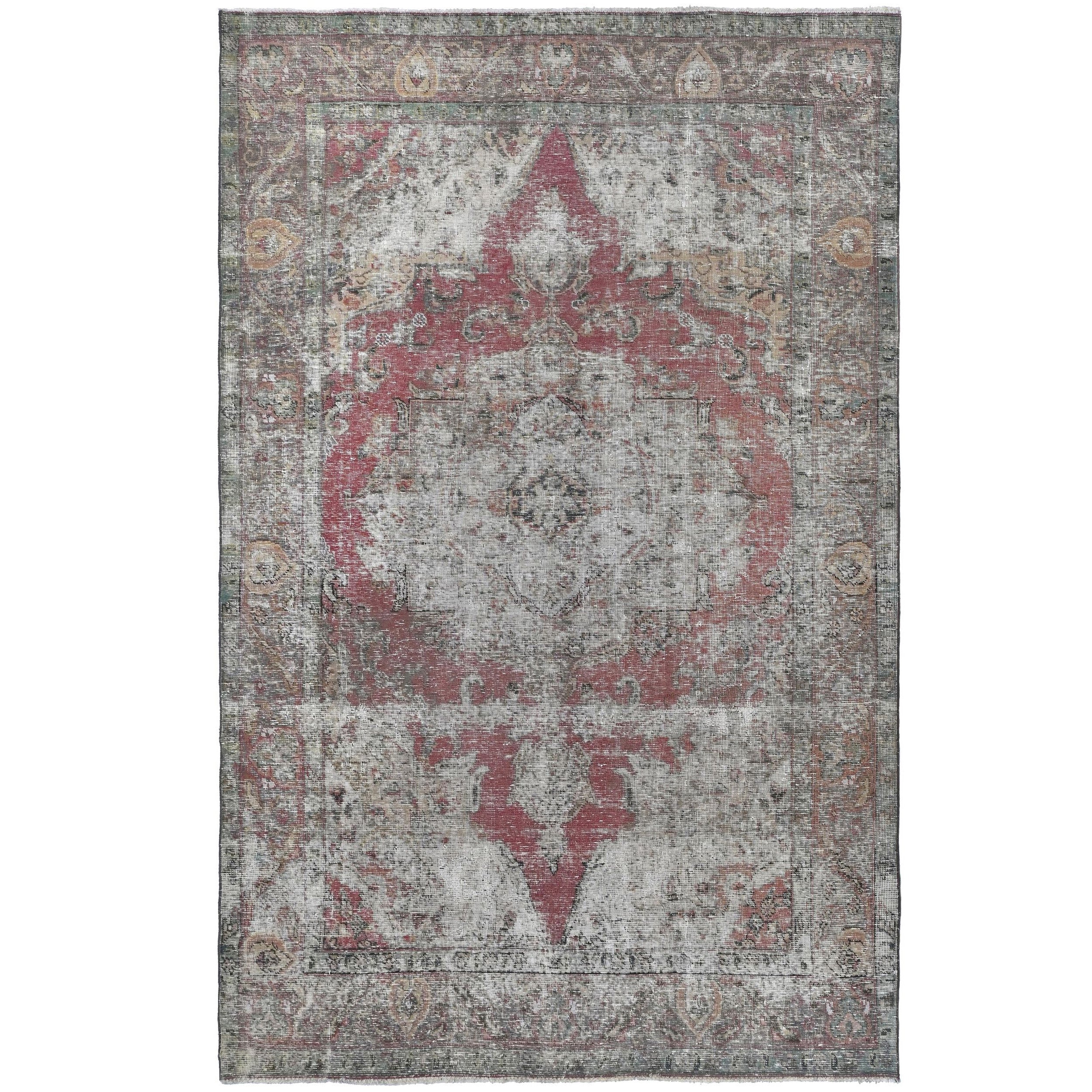 Knotari Heritage Collection vintage hand-knotted wool rug No. A36 with elongated medallion design in weathered red, ivory, charcoal, taupe, and muted gold, size 6'0" x 9'5".