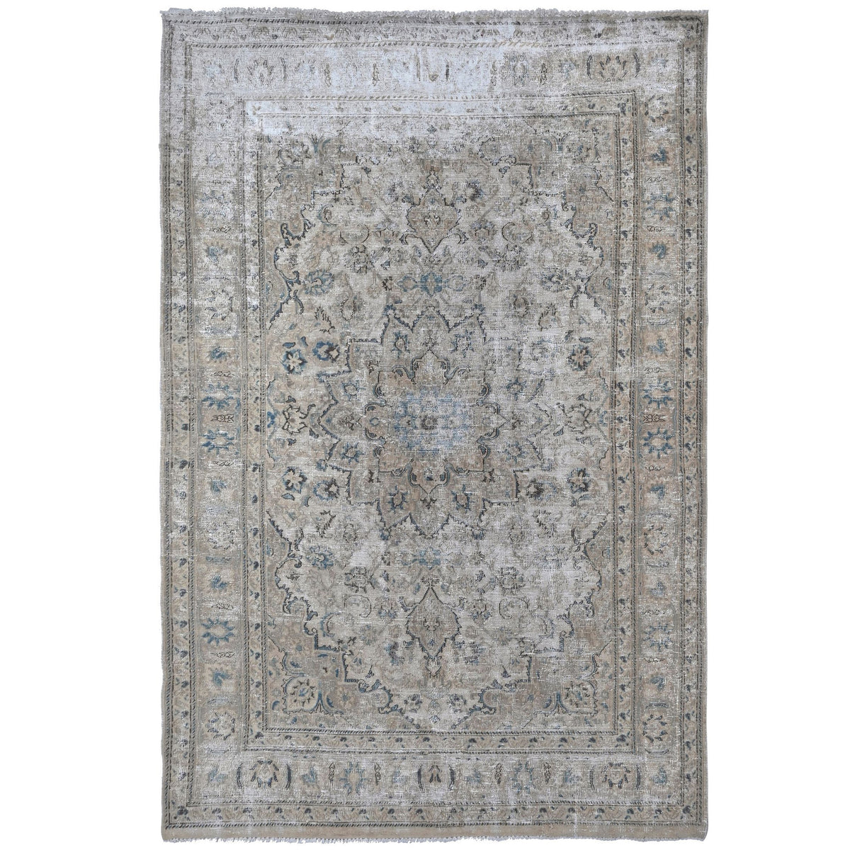 Knotari vintage hand-knotted rug No. A371 with faded floral field design in dusty rose, silver gray, aged ivory, taupe, muted burgundy, size 6'3" x 9'4".