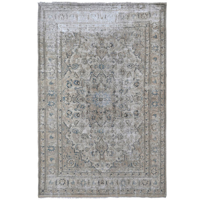 Knotari vintage hand-knotted rug No. A371 with faded floral field design in dusty rose, silver gray, aged ivory, taupe, muted burgundy, size 6'3" x 9'4".