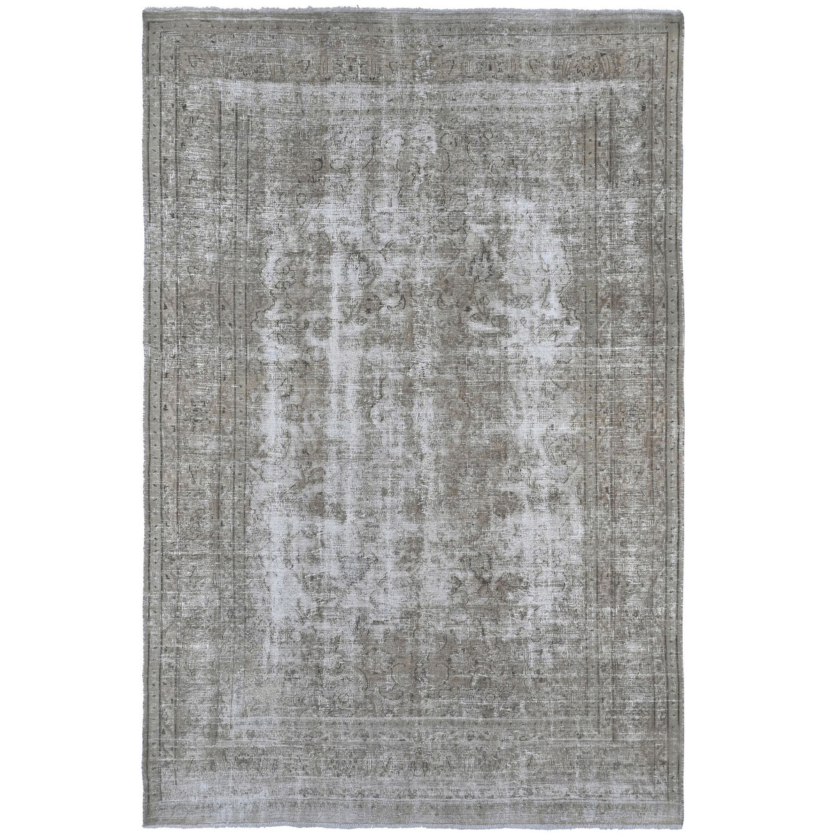 Knotari Heritage Collection vintage hand-knotted wool rug No. A372 with faded medallion design in stone gray, taupe, ivory, mushroom, and soft brown, size 6'3" x 10'0".