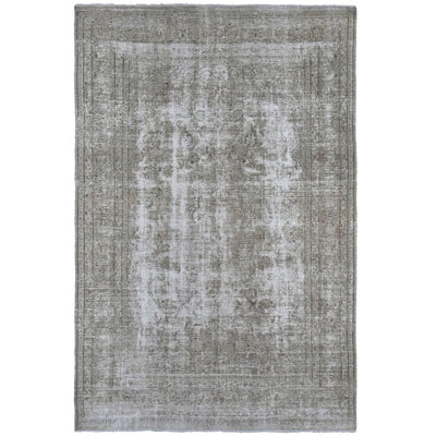 Knotari Heritage Collection vintage hand-knotted wool rug No. A372 with faded medallion design in stone gray, taupe, ivory, mushroom, and soft brown, size 6'3" x 10'0".