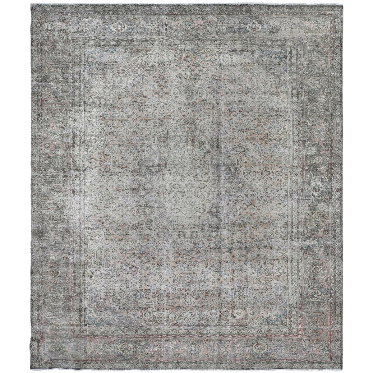 Knotari vintage hand-knotted rug No. A373 with layered floral medallion design in antique rose, charcoal, taupe, aged ivory, muted blue, size 9'3" x 12'3".
