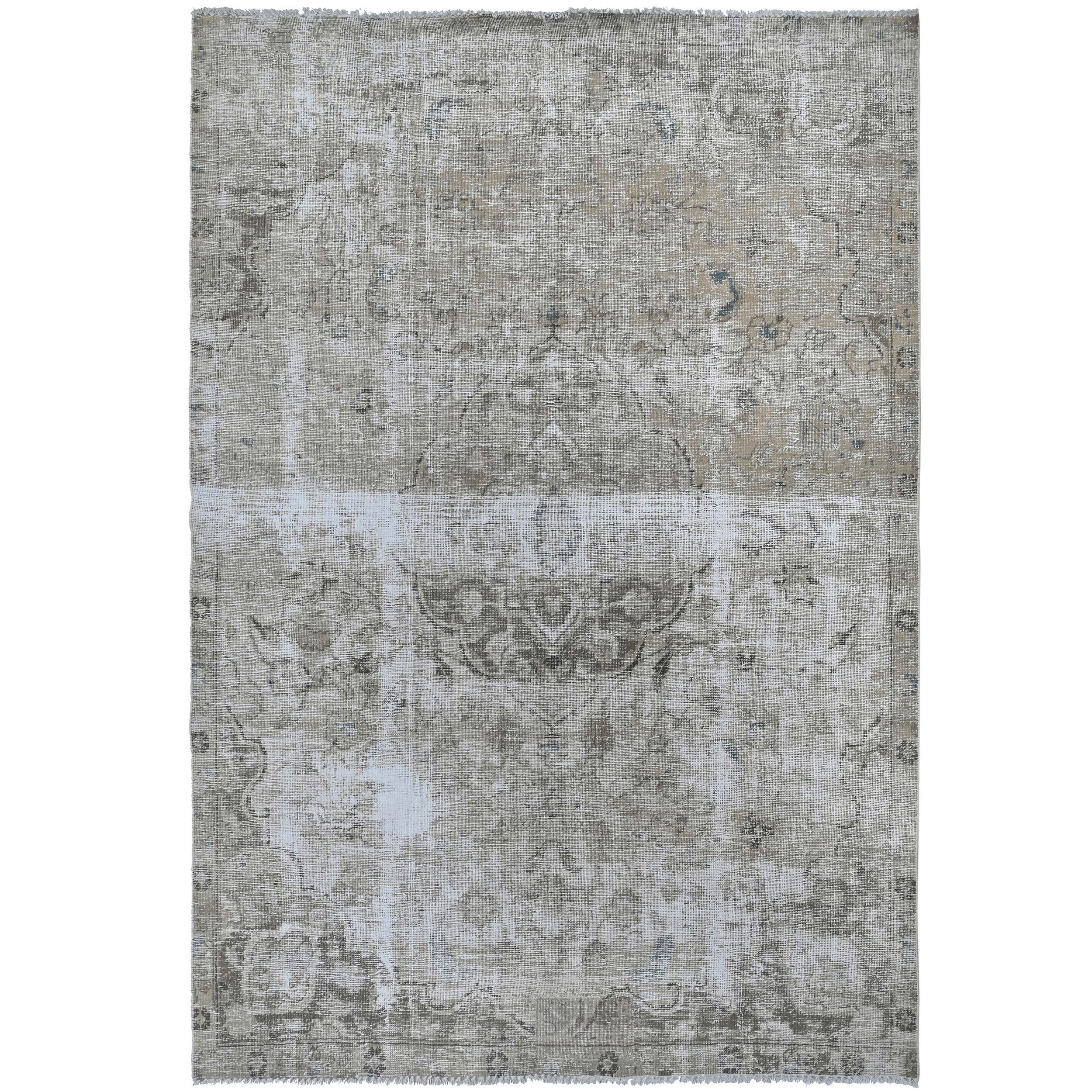 Knotari vintage hand-knotted rug No. A374 with faded central medallion design in silver gray, warm taupe, soft blue, aged ivory, charcoal, size 6'2" x 9'0"