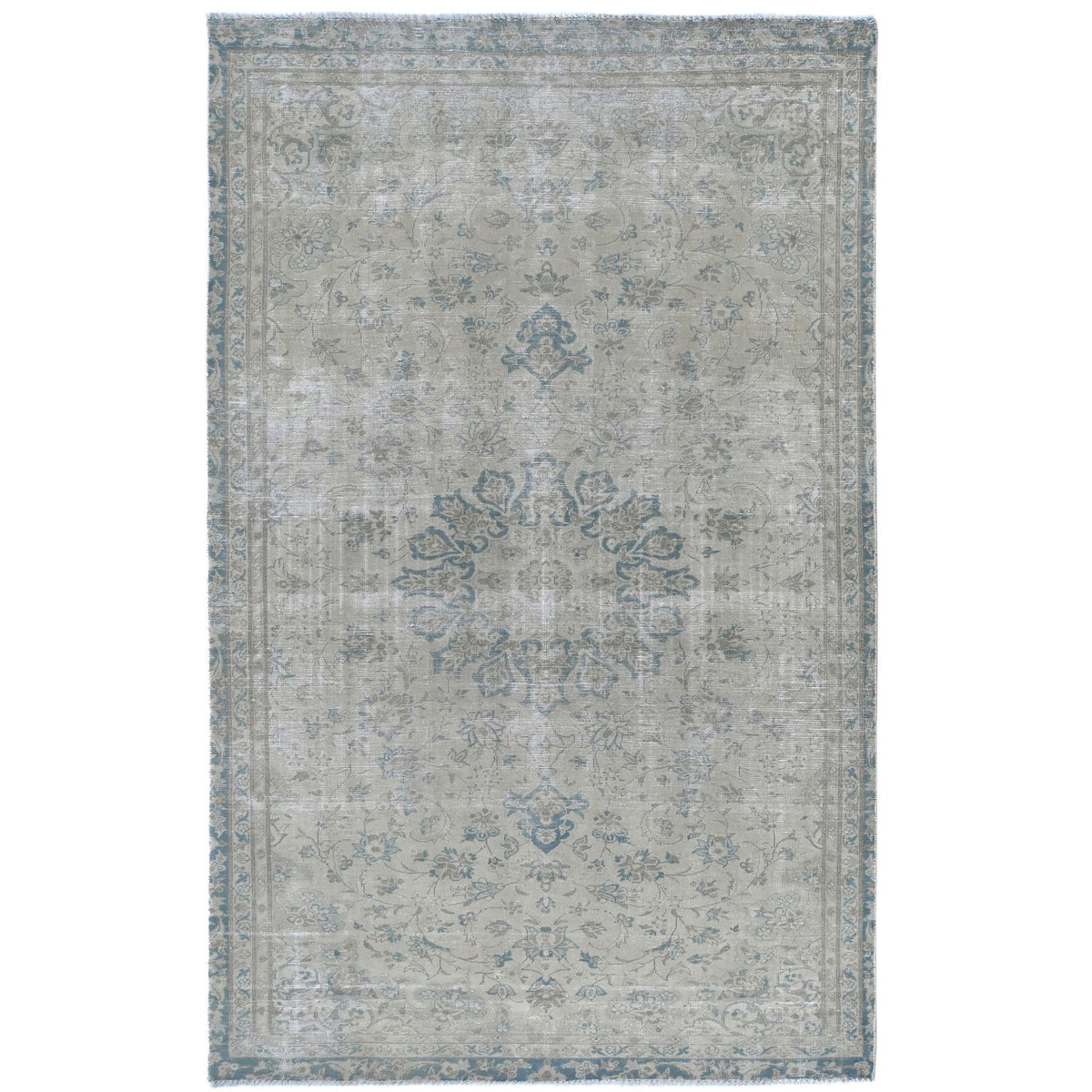 Knotari Heritage Collection vintage hand-knotted wool rug No. A375 with floral medallion design in pale ivory, sky blue, soft gray, taupe, and muted teal, size 5'2" x 8'6".