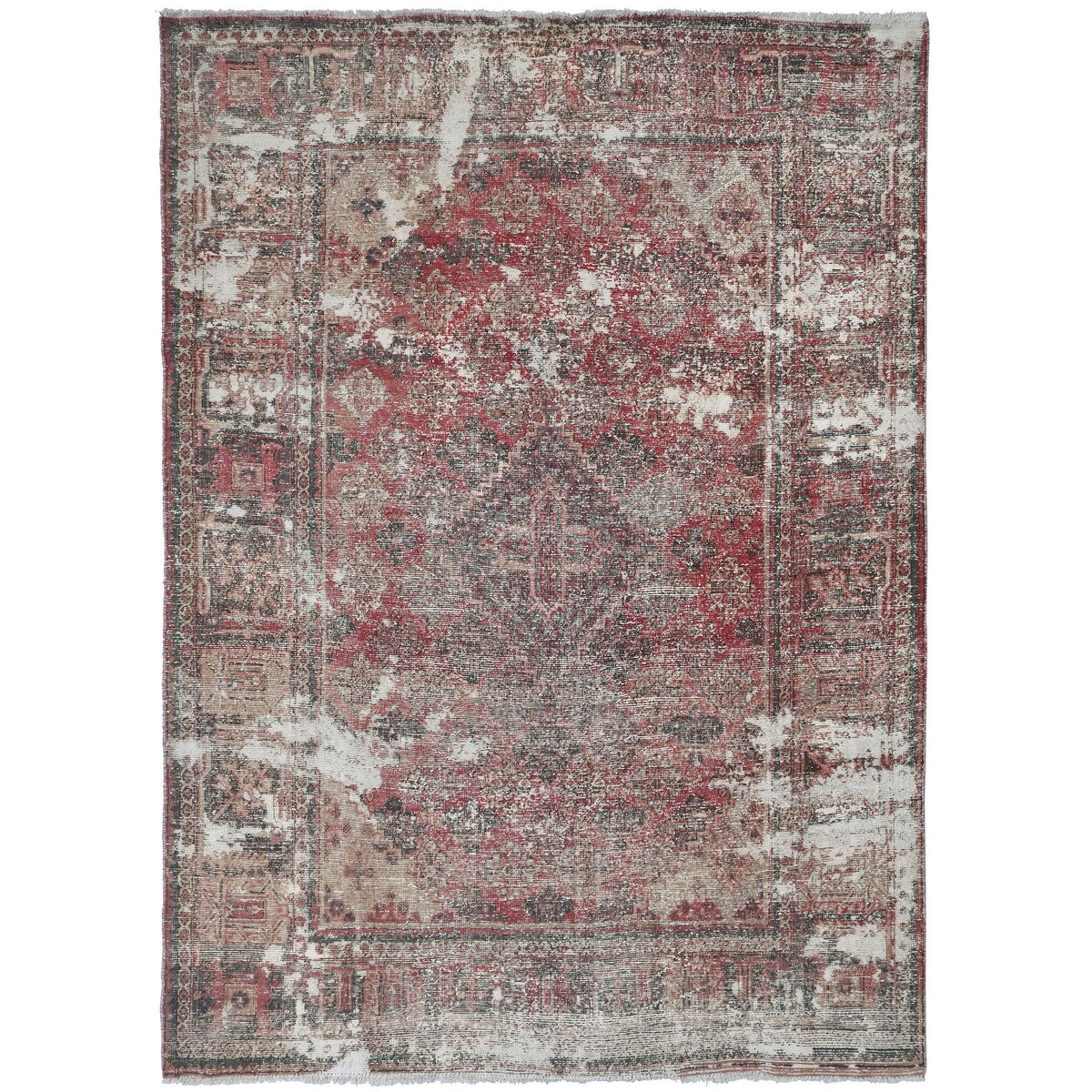 Knotari Heritage Collection vintage hand-knotted wool rug No. A377 with persian medallion design in coral, ivory, slate gray, taupe, charcoal, size 7'3" x 10'0".