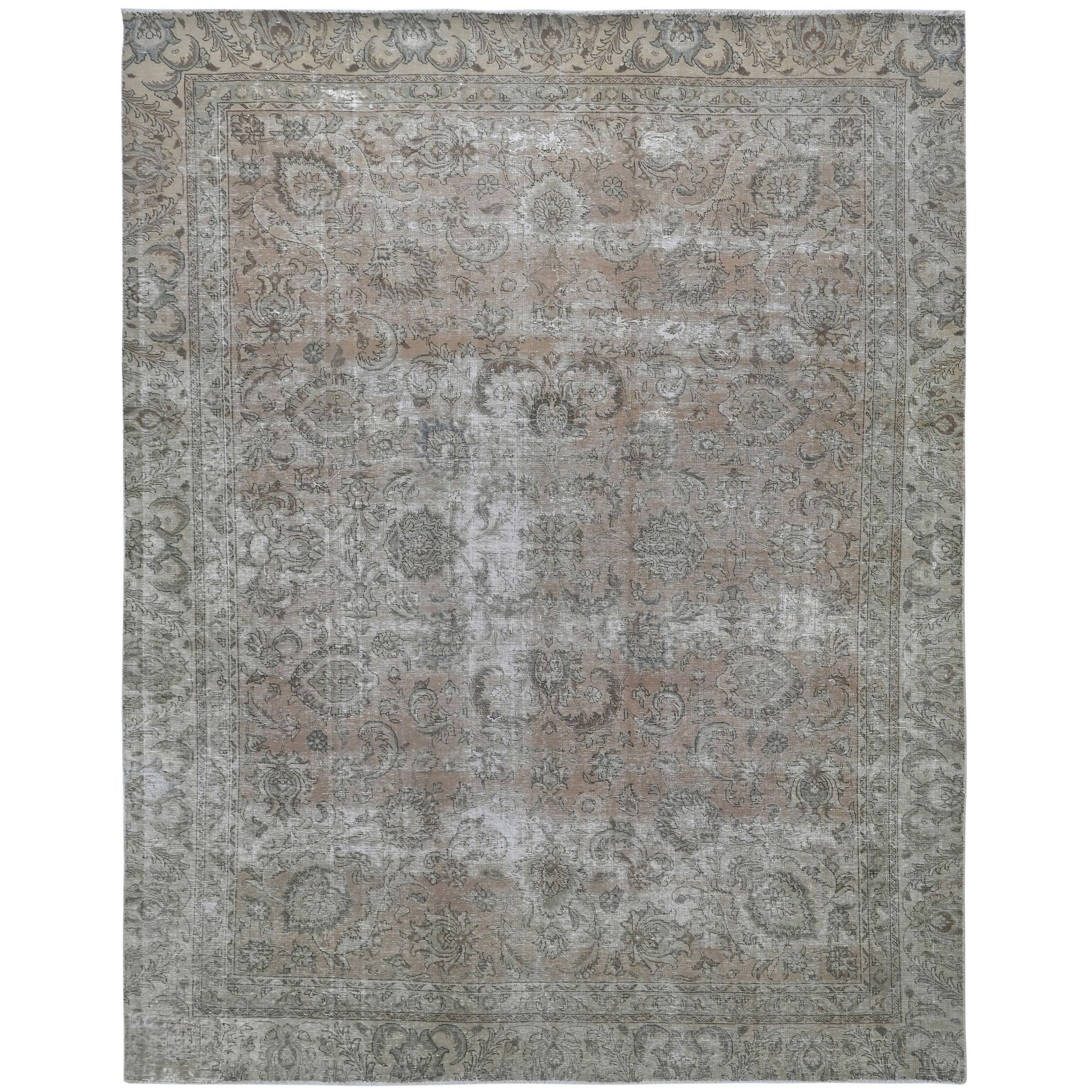Knotari Heritage Collection vintage hand-knotted wool rug No. A380 with all-over floral design in blush taupe, stone gray, soft ivory, mushroom, sage gray, size 8'3" x 11'7".