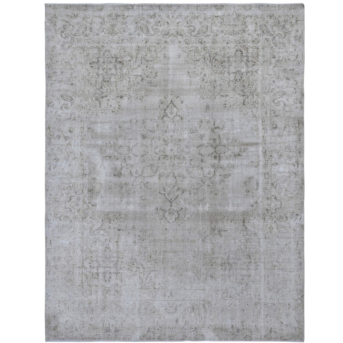 Knotari Heritage Collection vintage hand-knotted wool rug No. A383 with floral medallion design in dusty rose, ivory, slate gray, taupe, soft pink, size 8'4" x 10'10".