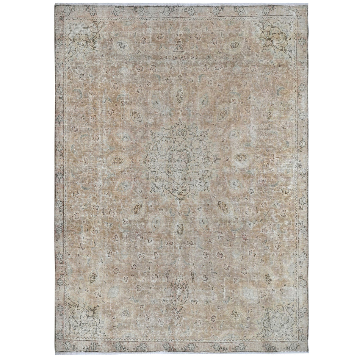 Knotari Heritage Collection vintage hand-knotted wool rug No. A386 with persian medallion design in silver gray, ivory, taupe, pale blue, sand, size 7'6" x 9'7".