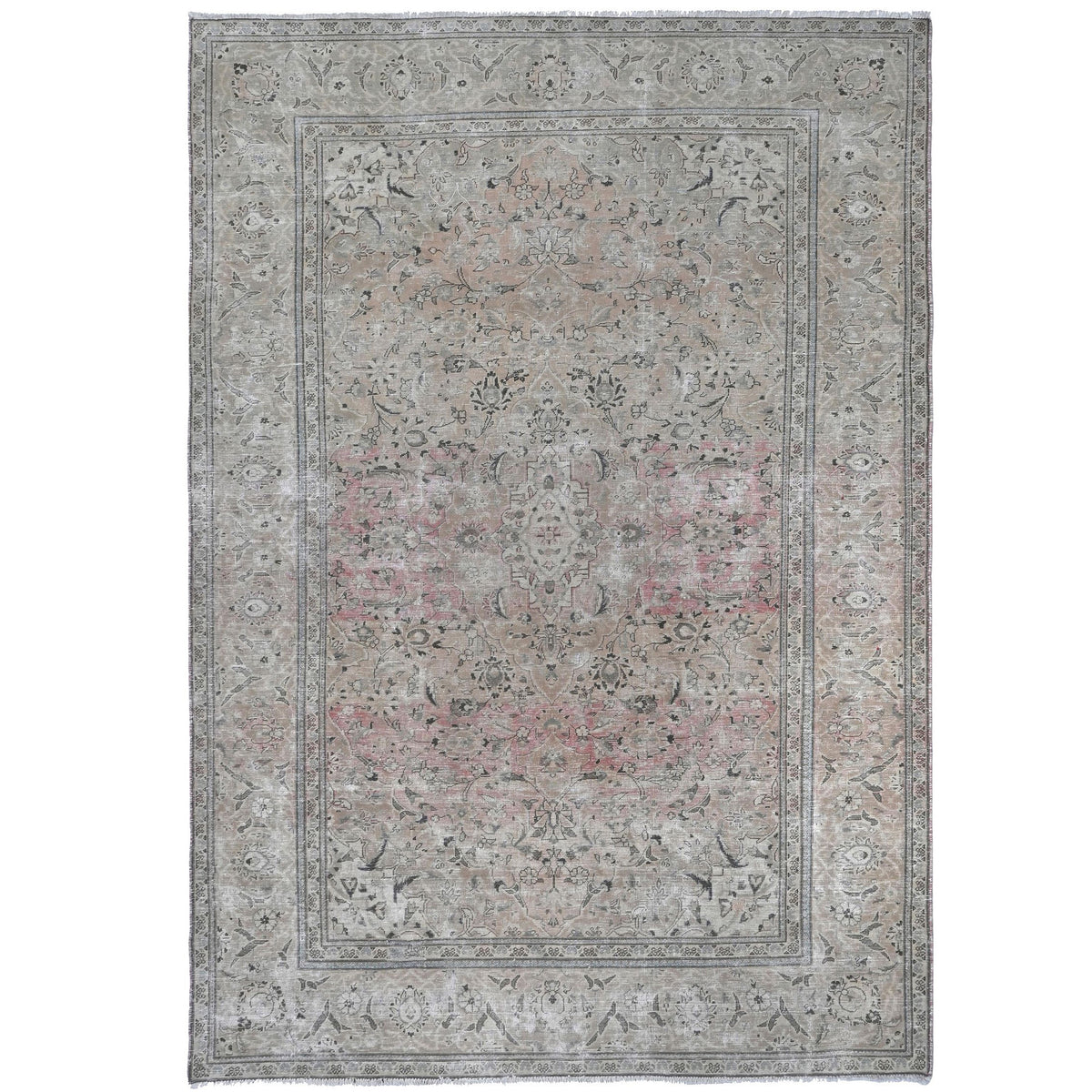 Knotari Heritage Collection vintage hand-knotted wool rug No. A395 with open field medallion design in warm beige, ivory, pale blue, taupe, sand, size 7'2" x 11'1".