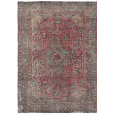 Knotari Heritage Collection vintage hand-knotted wool rug No. A39 with geometric medallion design in coral red, charcoal, taupe, ivory, muted teal, size 6'5" x 9'6".