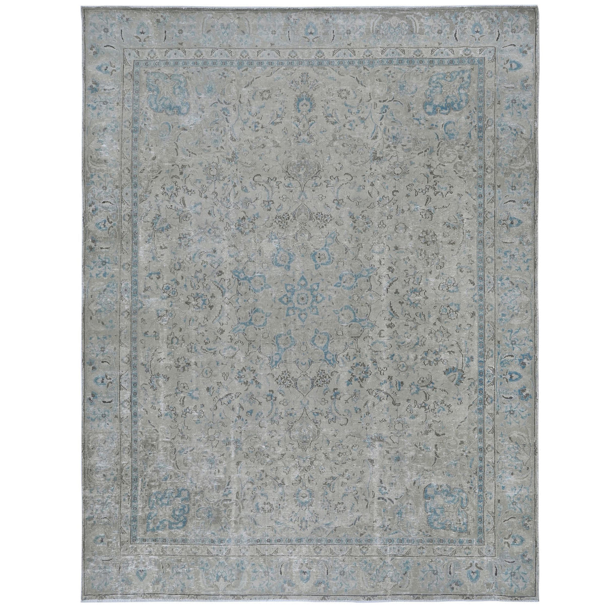 Knotari vintage hand-knotted rug No. A408 with washed floral medallion design in ice blue, silver gray, aged ivory, soft teal, charcoal, size 8'11" x 11'10".