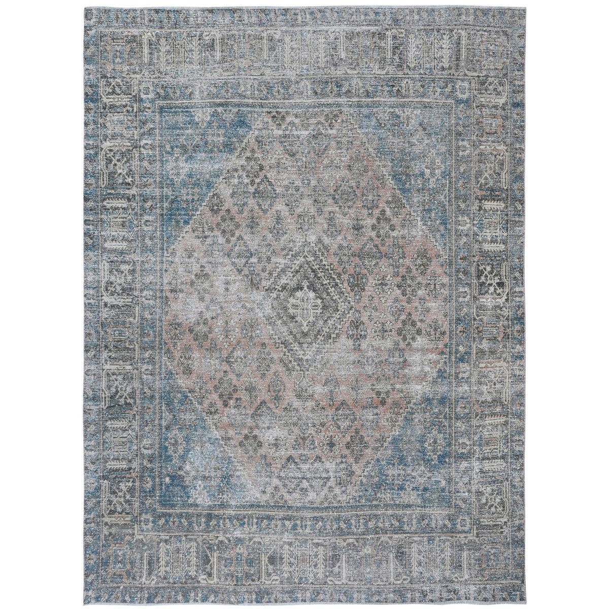 Knotari vintage hand-knotted rug No. A411 with grand floral medallion design in dusty rose, slate gray, aged ivory, taupe, muted blue, size 10'0" x 12'9".