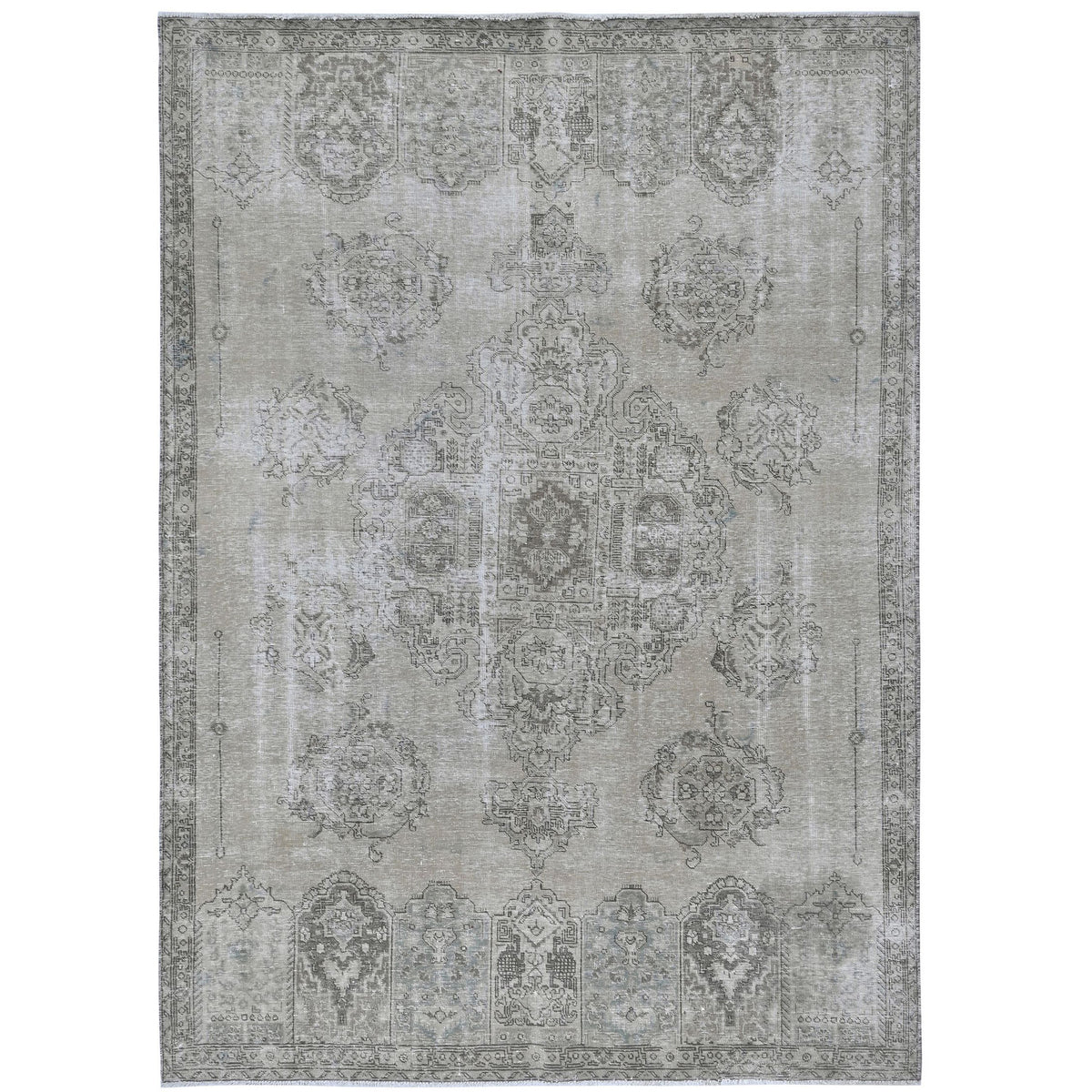 Knotari Heritage Collection vintage hand-knotted wool rug No. A412 with persian medallion design in dove gray, ivory, taupe, charcoal, pale blue, size 7'3" x 10'8".
