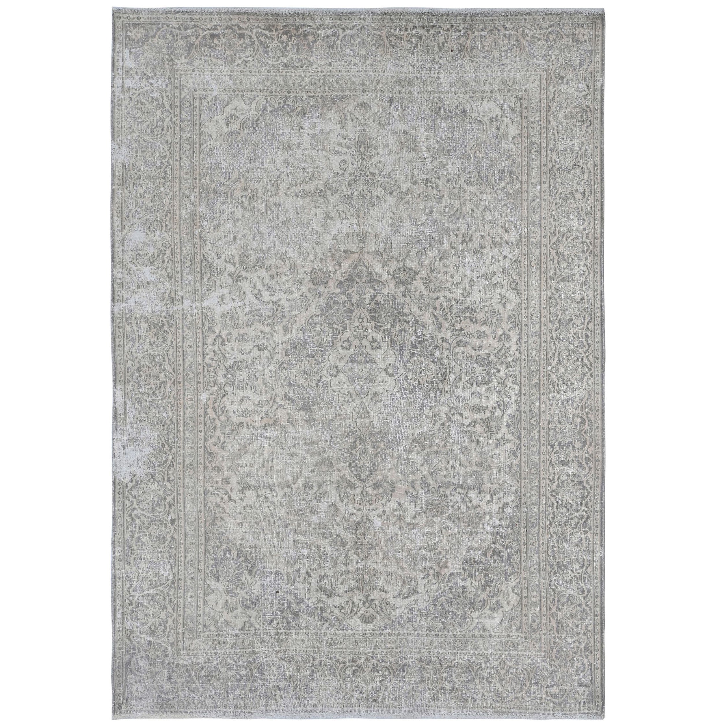 Knotari Heritage Collection vintage hand-knotted wool rug No. A415 with central medallion design in pale gray, soft ivory, greige, taupe, slate, size 5'8" x 8'8".