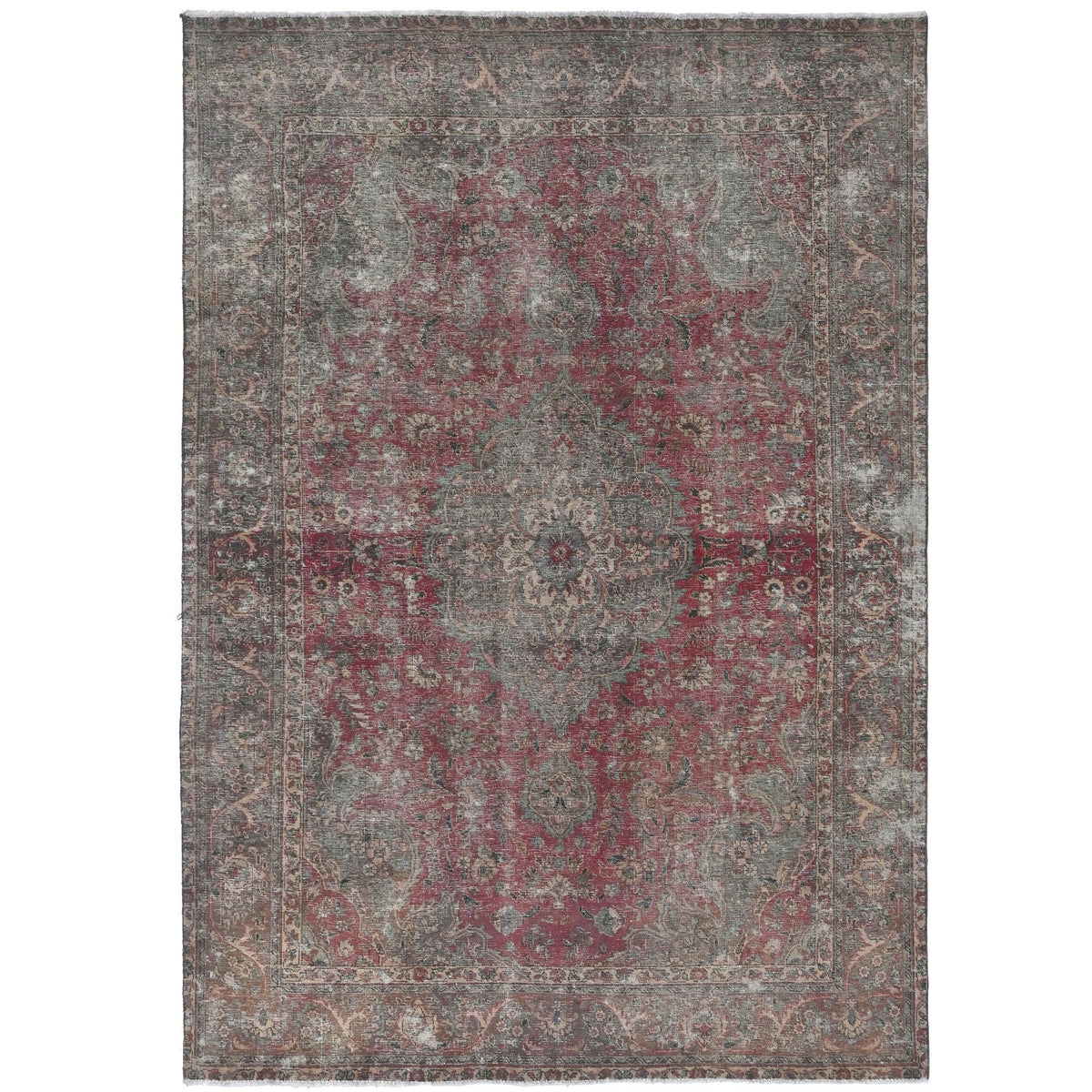 Knotari vintage hand-knotted rug No. A42 with rose field medallion design in dusty rose, midnight blue, taupe, aged ivory, charcoal, size 6'6" x 9'9".
