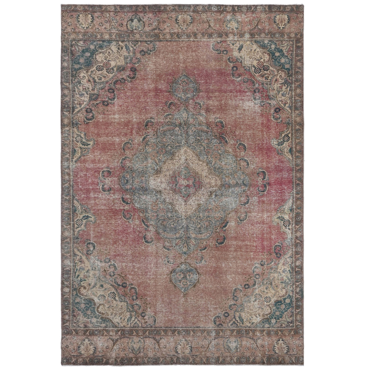Knotari vintage hand-knotted wool rug No. A44 with elongated central medallion design in rust, navy, ivory, dusty blue, rosewood, size 7'3" x 12'4".