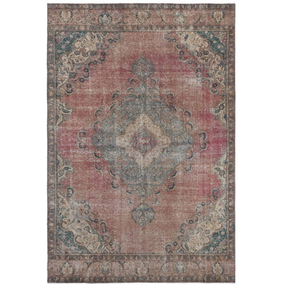Knotari vintage hand-knotted wool rug No. A44 with elongated central medallion design in rust, navy, ivory, dusty blue, rosewood, size 7'3" x 12'4".