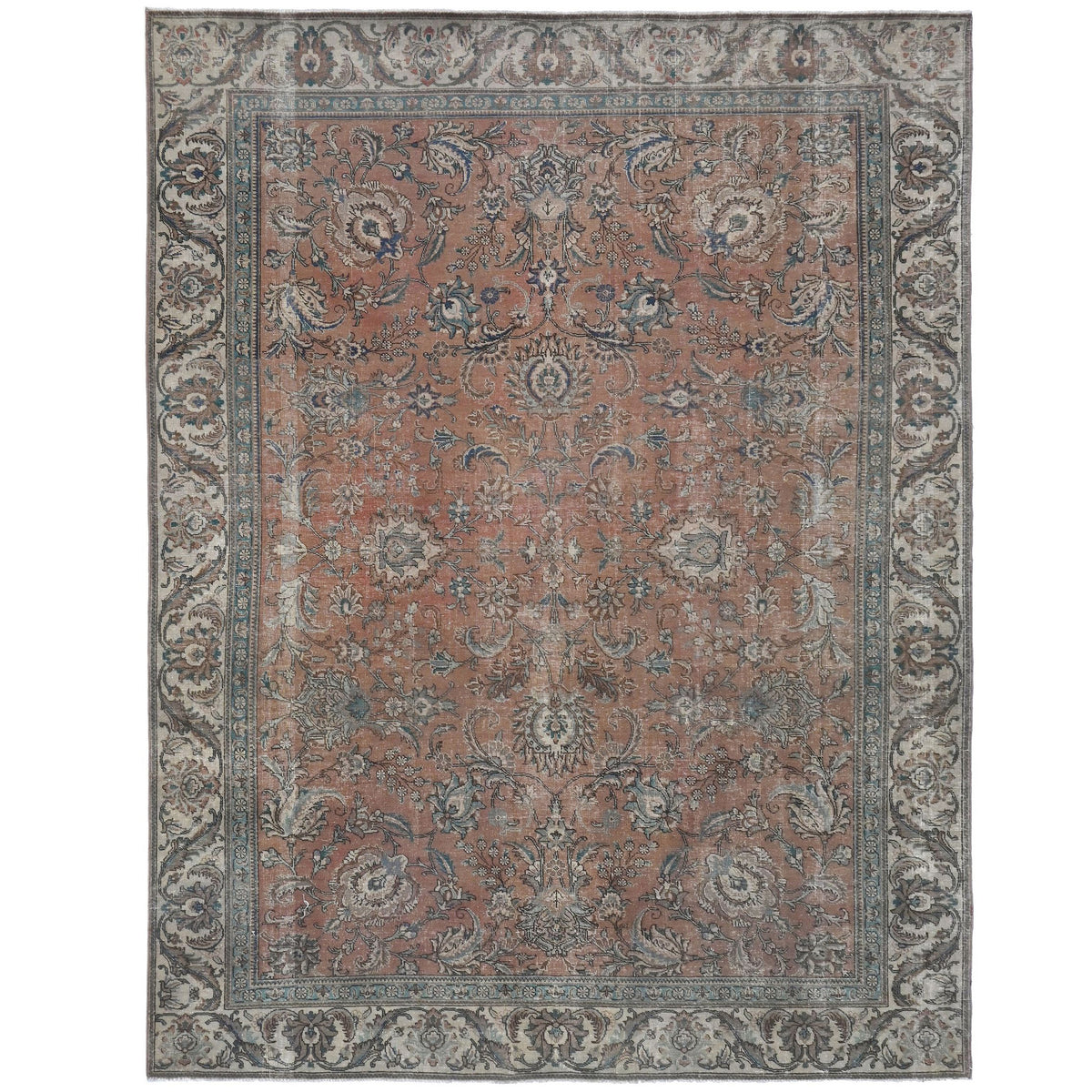 Knotari vintage hand-knotted wool rug No. A53 with washed floral medallion design in aged ivory, dusty rose, taupe, soft blue, muted rust, size 8'10" x 12'0".