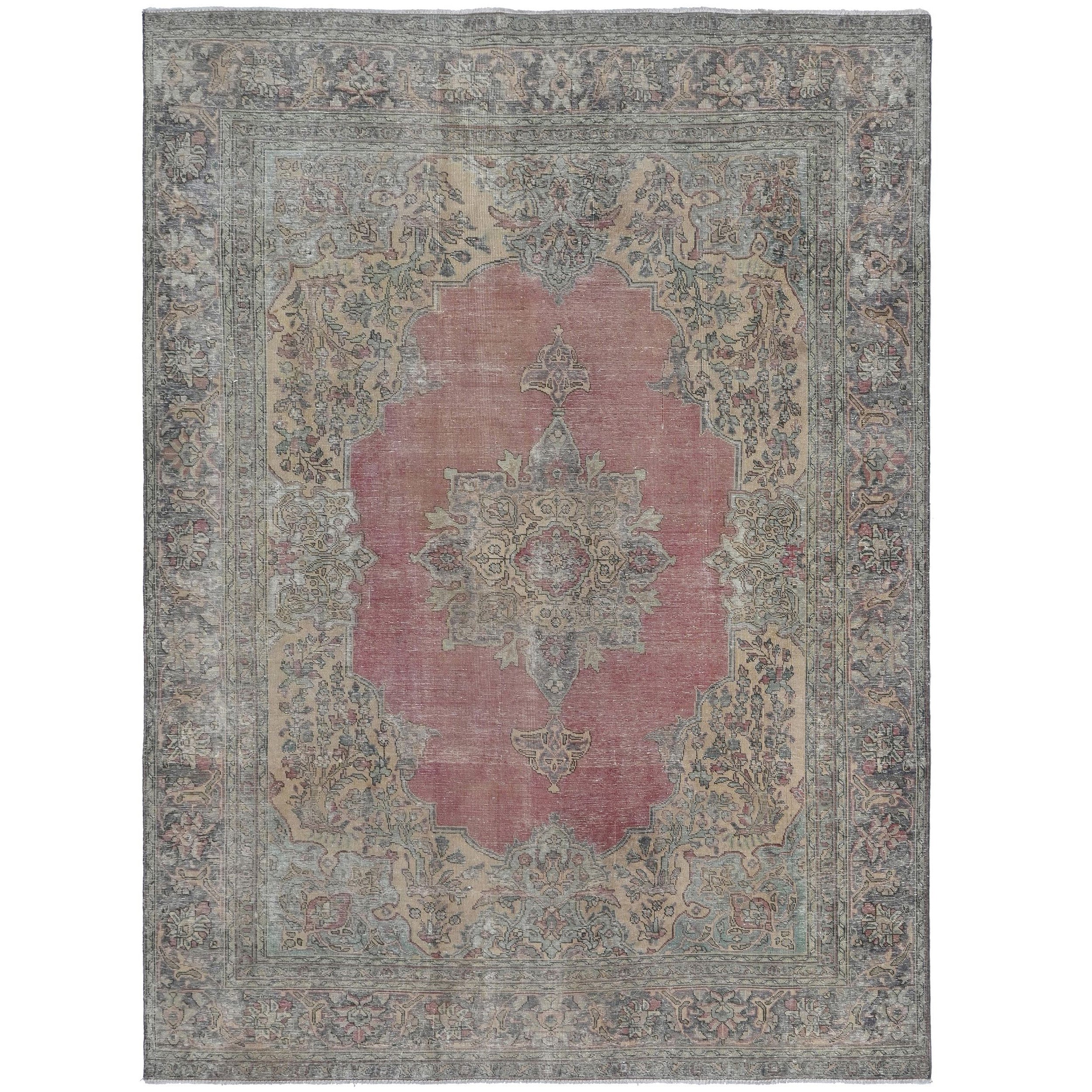 Knotari vintage hand-knotted wool rug No. A55 with angular medallion design in crimson red, navy, ivory, rust, sage, size 7'8" x 10'3".
