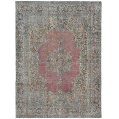 Knotari vintage hand-knotted wool rug No. A55 with angular medallion design in crimson red, navy, ivory, rust, sage, size 7'8" x 10'3".