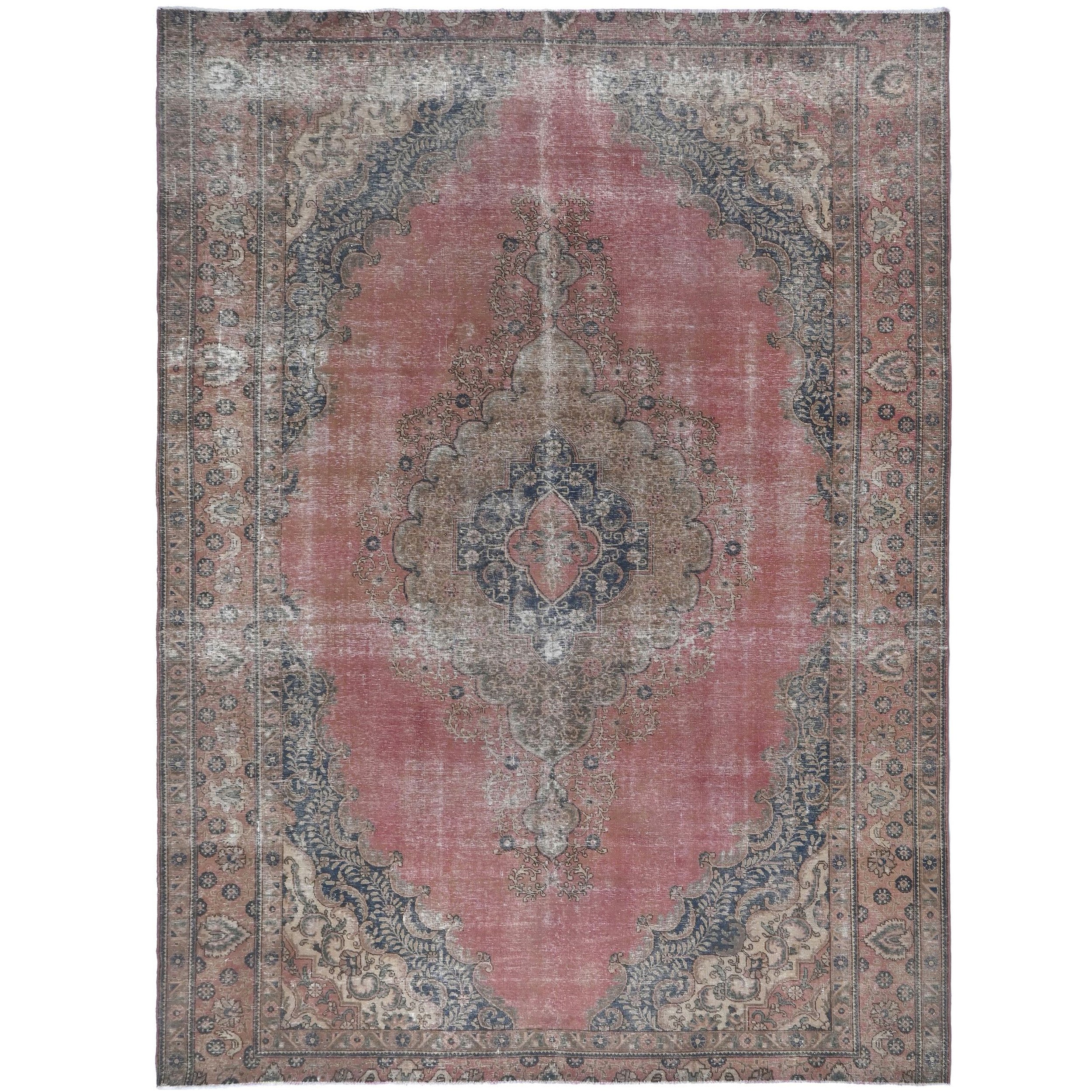 Knotari vintage hand-knotted rug No. A59 with geometric floral medallion design in brick rose, charcoal, taupe, aged ivory, muted blue, size 9'6" x 13'8".