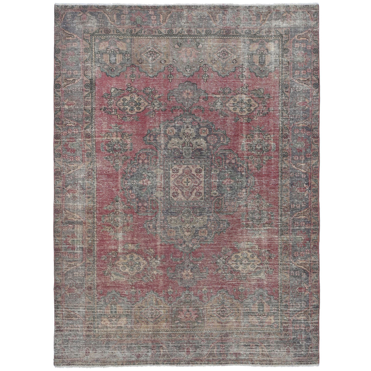 Knotari Heritage Collection vintage hand-knotted wool rug No. A62 with persian medallion design in antique red, charcoal, taupe, muted blue, sand, size 6'7" x 9'3".
