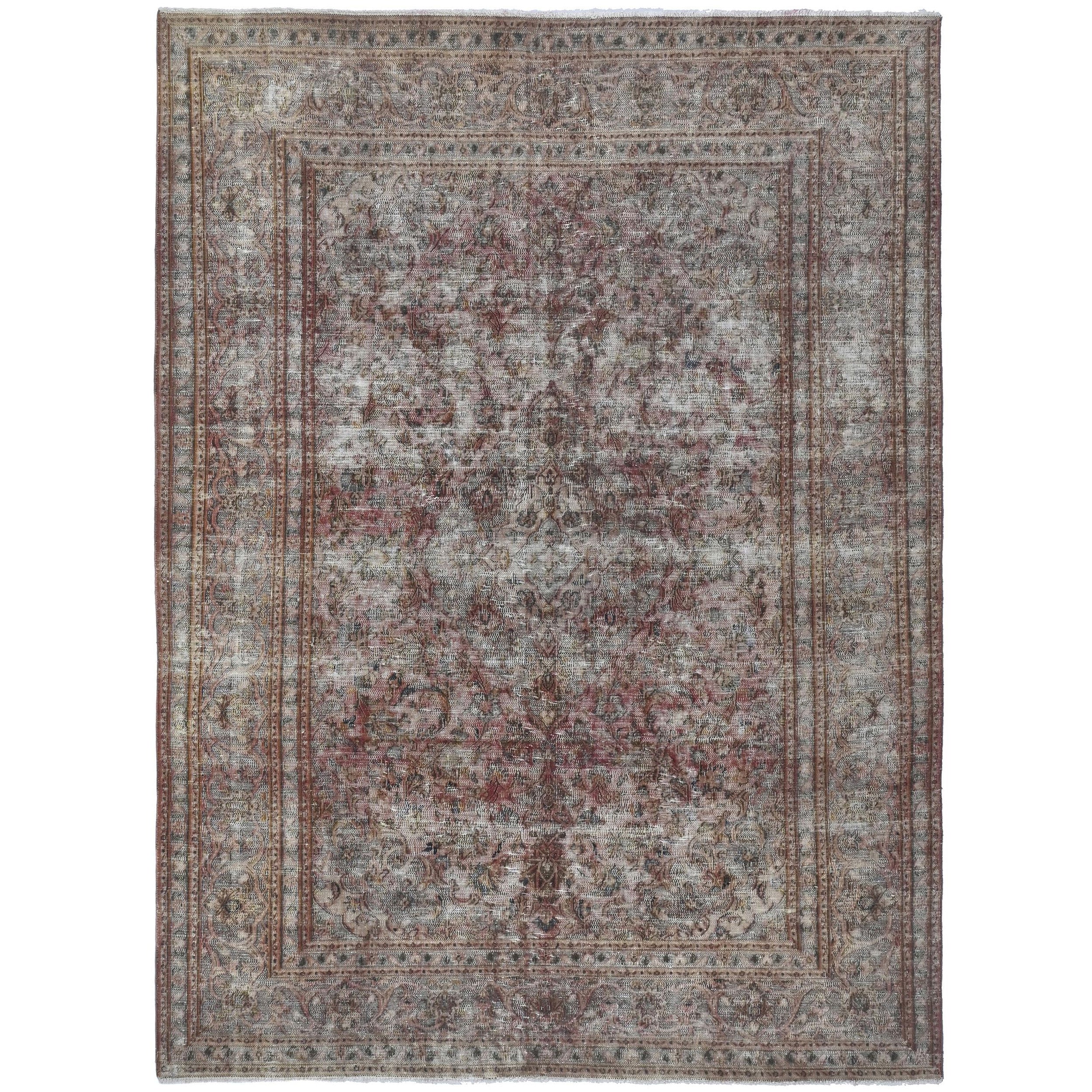 Knotari Heritage Collection vintage hand-knotted wool rug No. A64 with all-over floral design in taupe, dusty rose, soft ivory, muted olive, and warm brown, size 6'4" x 9'3".