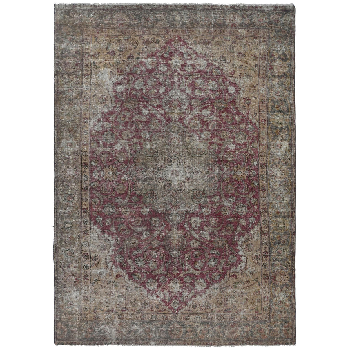 Knotari Heritage Collection vintage hand-knotted wool rug No. A68 with floral medallion design in rose red, taupe, charcoal, sand, muted gold, size 6'0" x 9'6".